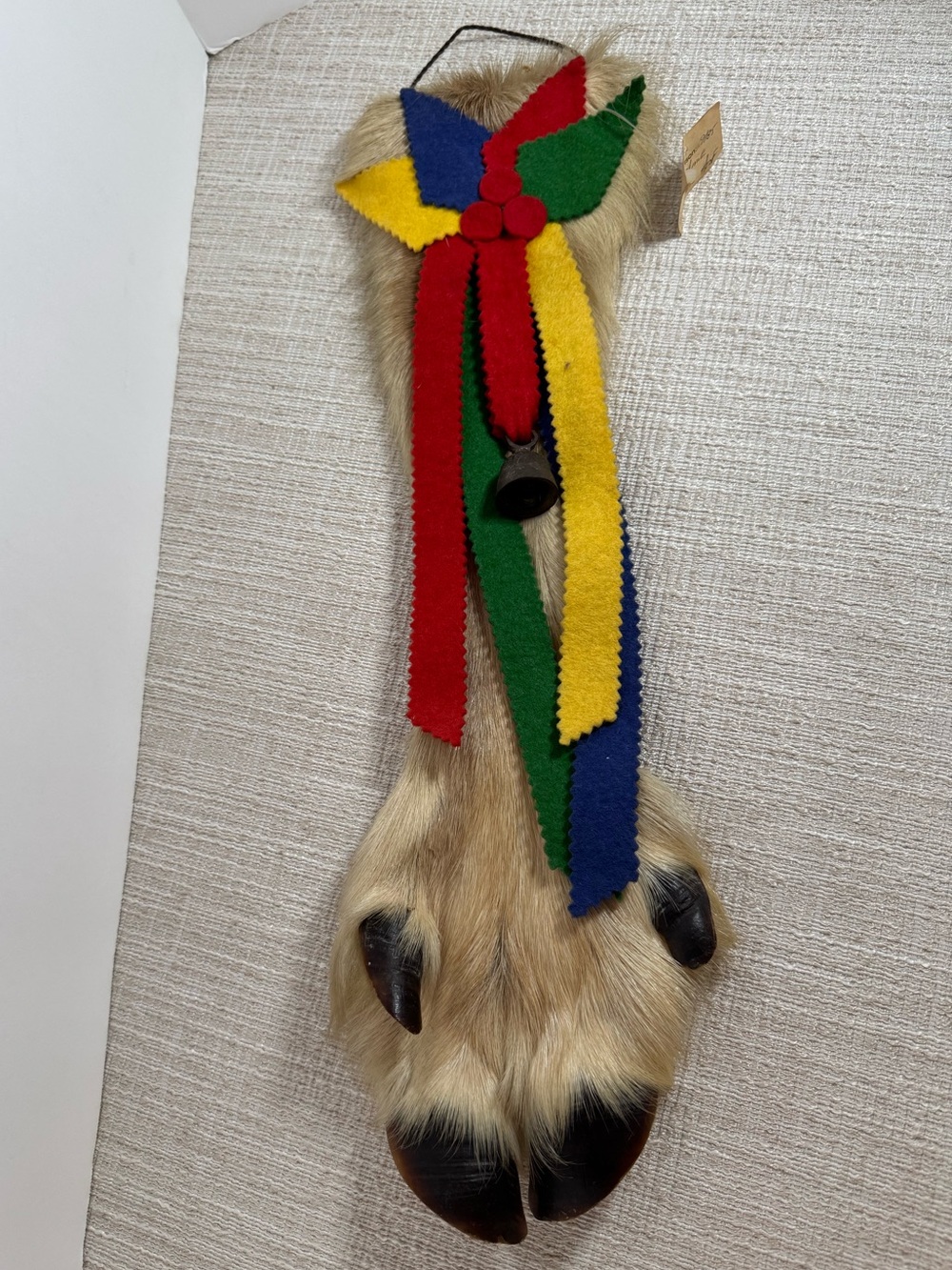 Vintage 1985 Reindeer Hoof Wall Hanging Real Fur Folk Art 18” Taxidermy Unusual